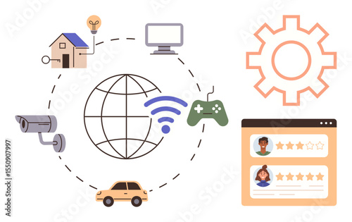 Smart home, camera, computer, car, gaming controller linked via a globe and wireless icon. Ideal for IoT, connectivity, innovation, smart devices technology integration global communication modern