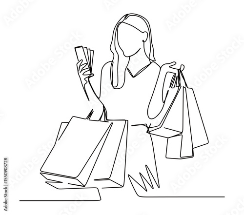 continuous one line art drawing of a woman looking happy with many shopping bags in her hands. rich woman