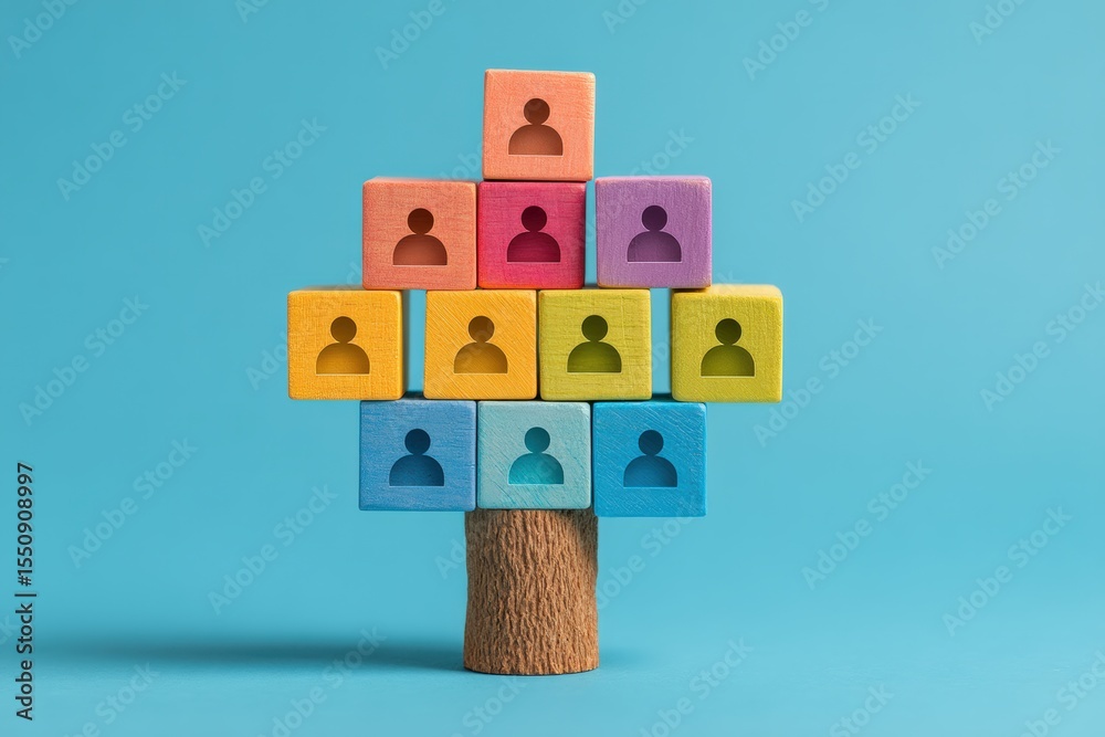 Obraz premium Colorful wooden cubes with human icons arranged as a pyramid on a tree trunk, symbolizing a social network, against a blue background