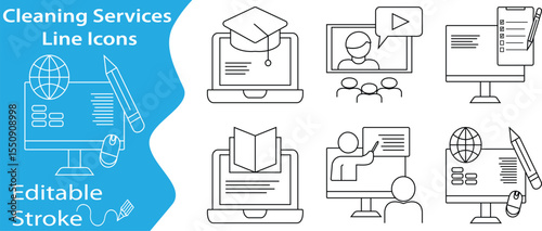 A clean set of online education line icons with editable stroke, including virtual classroom, global e-learning, laptop, checklist, video tutorial, and academic tools.