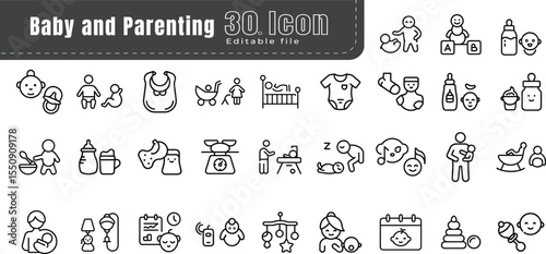 Baby Line Icons set. Pixel Perfect. Editable Stroke. For Mobile and Web. Contains such icons as Baby, Stroller, Pregnancy, Milk, Childbirth, Teat, Parenting, Duck Toy, Bed.