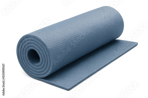 Close-up view of a rolled-up blue yoga mat resting on a transparent background, inviting moments of exercise and relaxation