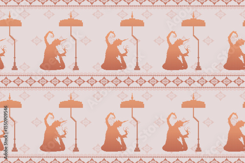 Seamless Vector Pixel Pattern of Manorah Dance. Traditional Southern Thai Folk Performance Inspired Textile Design.Manora dance, manorah dance
