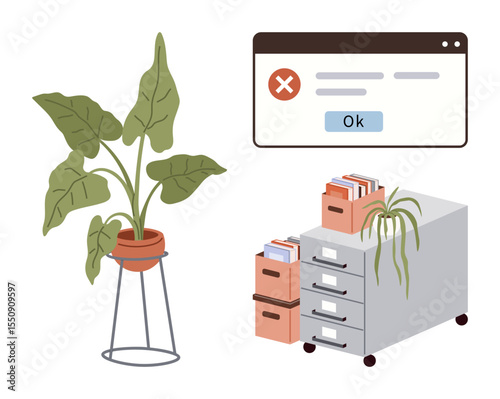 Potted plants, filing cabinet with organized files, and error message in browser window. Ideal for workplace, productivity, organization, stress management, digital issues, minimal office design