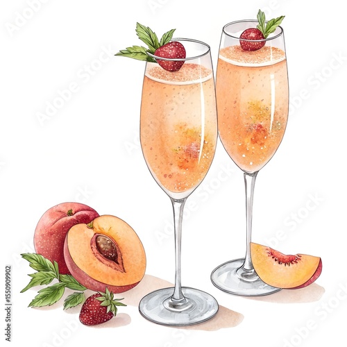 watercolor peach bellini cocktails in champagne