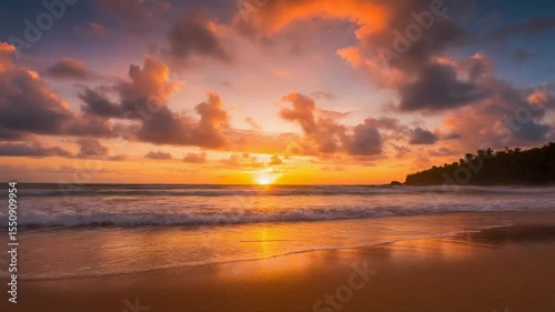 Golden Sunset Over Peaceful Beach with Ocean Waves
