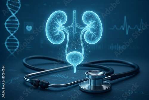 AI generated realistic hologram of kidney ureter and bladder with DNA data interface medical analysis and stethoscope on digital health background