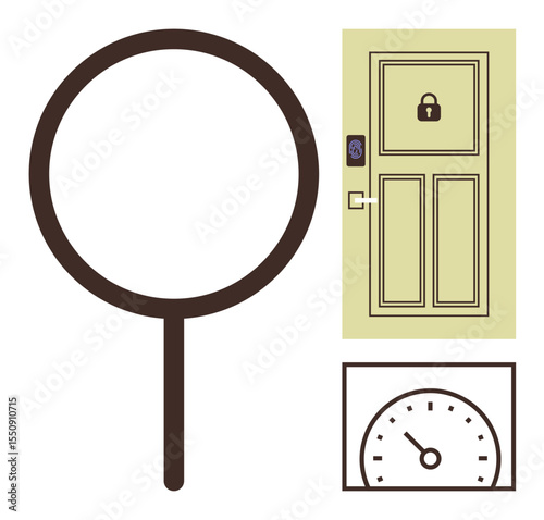 Magnifying glass, locked door with keypad, speedometer gauge. Ideal for security, privacy, search, performance access analysis simple flat metaphor. Line metaphor. Simple line icons