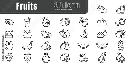 fruits and vegetables line icons set. vector icons minimalist editable stroke.  containing menu, pot, coffee, party, fresh, food, soft drink
