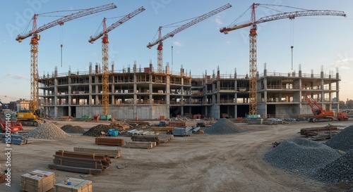 Construction Site Panorama: Modern Building Under Construction with Multiple Cranes