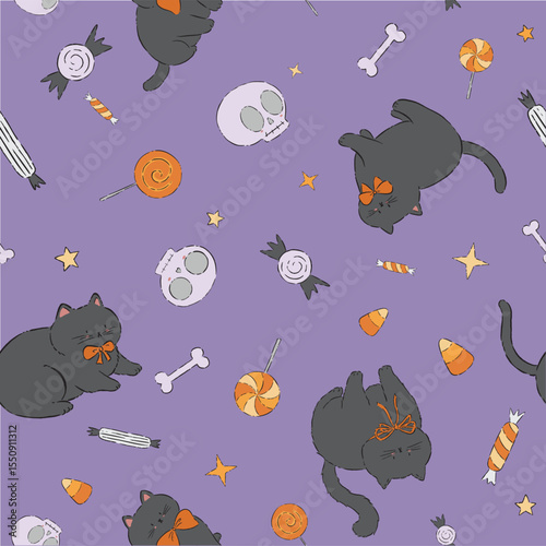 Vector Playful Halloween Black Cats, candy, skulls Seamless pattern