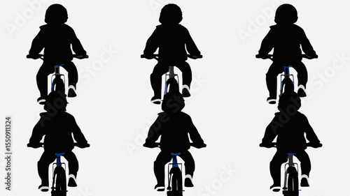 Silhouettes of children riding bicycles in a repetitive pattern on a white background image style