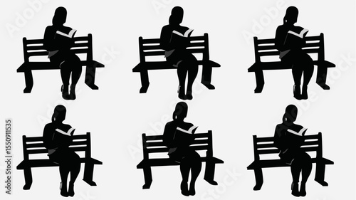 Silhouetted women reading books while sitting on benches in a repeating pattern on a white background