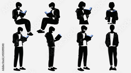 Collection of eight stylized figures reading books in various poses and outfits on a white background
