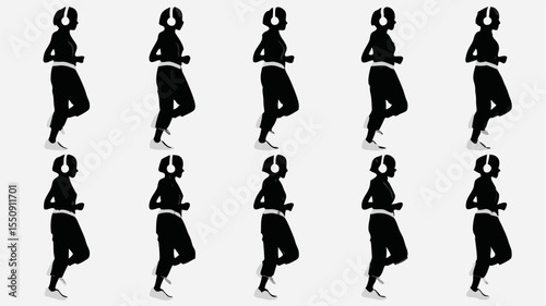 Silhouette pattern of women jogging with headphones in black and white repeating across the image plane