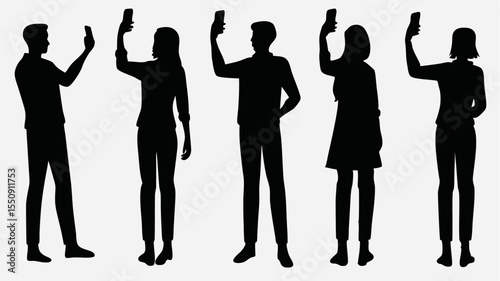Silhouettes of people taking selfies with their phones in various poses and outfits standing up