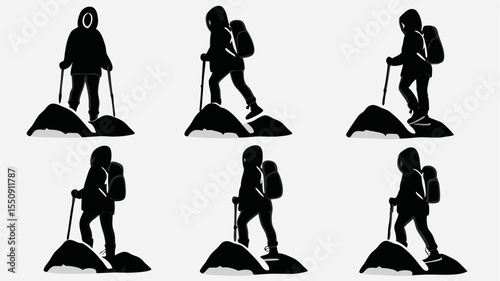 Silhouettes of hikers with backpacks and trekking poles climbing snowy mountain peaks in winter scene
