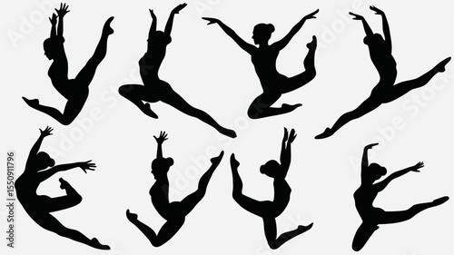 Silhouette illustration of several female dancers in various poses against a white background image view