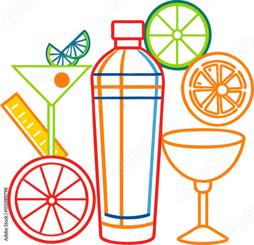 Bold-colour line-art of a cocktail shaker, jigger, and citrus slices with white background .