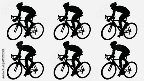 Silhouette pattern of cyclists on road bikes in a repeating arrangement against a white background scene