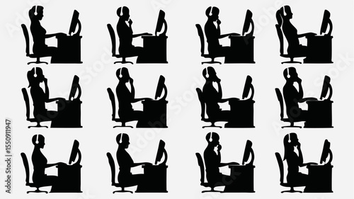 Silhouettes of people with headsets working at desks with computers in a grid arrangement view