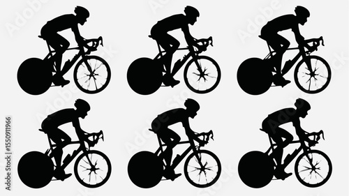 Silhouette pattern of cyclists riding bikes in a repeating design on a white background image style