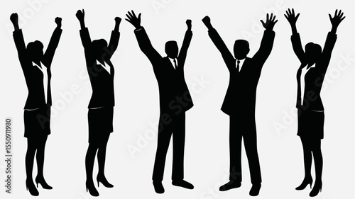 Silhouette of five business people with raised arms in celebration on a white background design element
