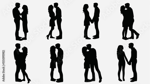 Silhouette illustrations of couples in various poses of affection and intimacy on white background
