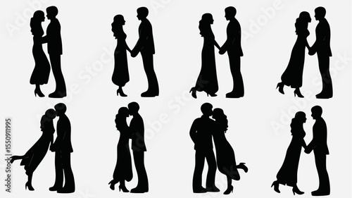 Silhouettes of couples in various poses of affection and romance on a white background design scene