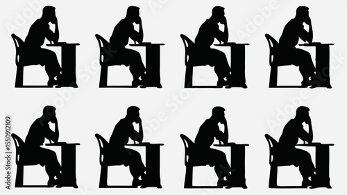 Repeated silhouette of a person sitting at a desk in a pensive pose arranged in a grid pattern