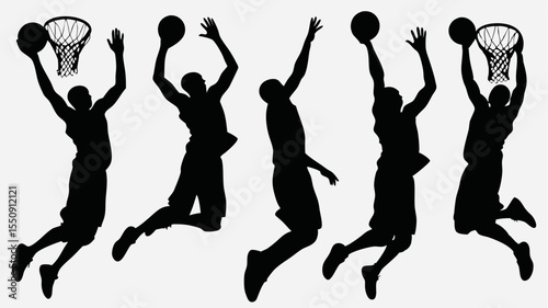 Silhouette of multiple basketball players in dynamic poses with basketballs and basketball hoop