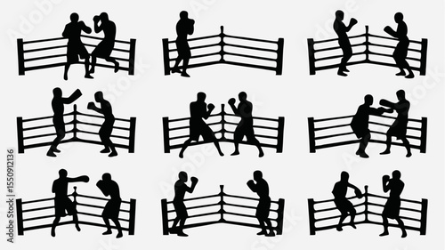 Silhouettes of boxers in various stances and positions within the boxing ring on a white background