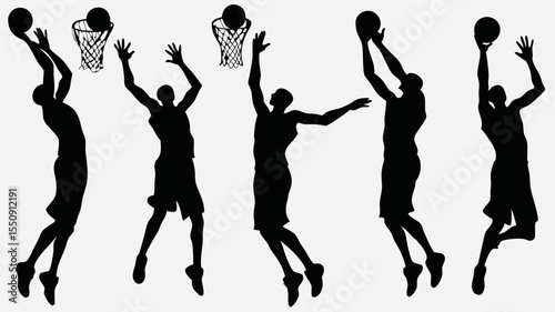 Silhouettes of basketball players in action shooting and jumping with basketballs and hoop visible