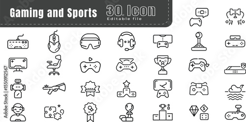 Games sports editable Stroke Icon Set. Contains such icons as Video Game, Mobile Game, Device, Gaming Console, RPG, Virtual Reality, Shooter, Keyboard, Mouse, Computer, Tablet, Multiplayer, Streaming.