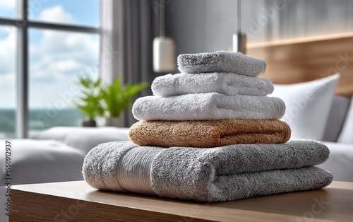 Stacked towels on a table overlooking a city
