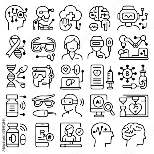 Innovations in Medicine: A collection of conceptual line art icons representing medical technology, AI, and healthcare solutions.