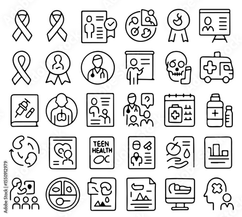 A graphic arrangement of medical icons representing various health and medical concepts, conveying the essence of healthcare and scientific advancement.