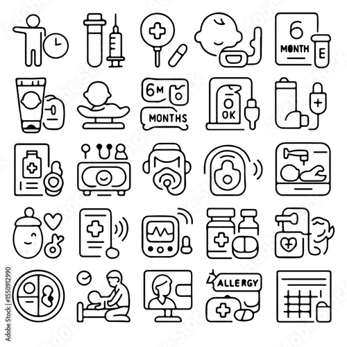 Set of linear icon illustration about health issue of baby such as allergy and nutrition