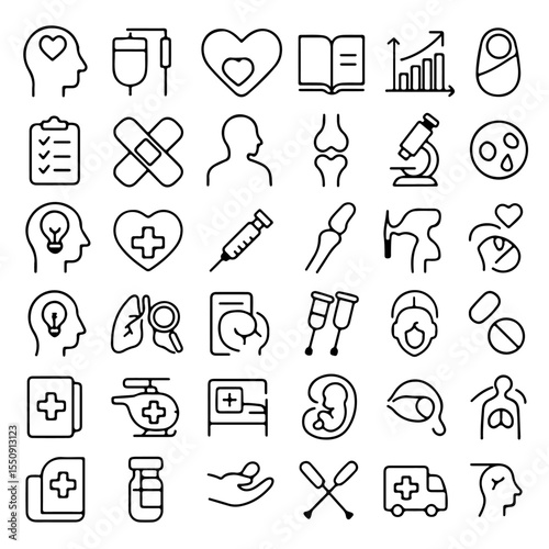 Medical icons set: healthcare, medicine, hospital, doctor, patient, treatment, health, care, medical supplies, medical equipment, medical symbol, first aid, emergency, clinic, surgery, diagnosis.
