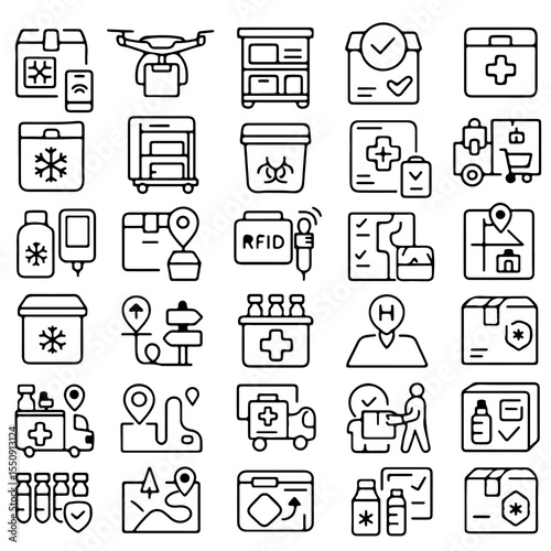 A comprehensive collection of modern, minimalist outline medical icons, embodying digital technology, supply chain, and health. Featuring symbols of medical supply and medicine.