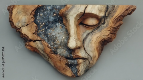 Serene Wooden Face Sculpture with Crystal Inlay
