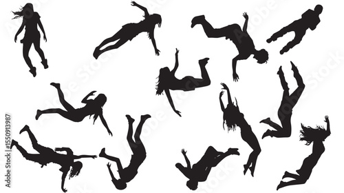 set of falling people silhouettes. vector silhouettes of people falling from a great height. falling female silhouette