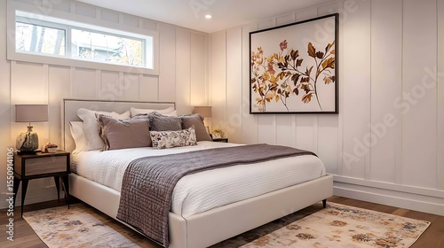 Cozy Bedroom with White Bed, Gray Quilt, and Floral Wall Art Serene Interior Design