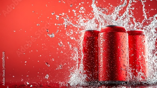 Dynamic red soda cans with splashing water effect, bold and energetic design on a vivid red background