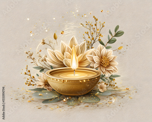 Close-up of Diya lamps with bokeh background A serene decorative candle with flowers. Indian family celebrating Diwali with lights and joy Traditional rangoli design with candles and flowers