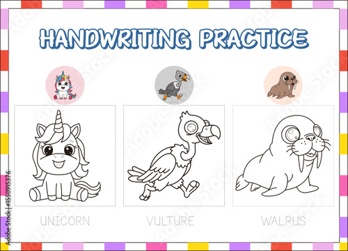hand drawn practice education animal wild . unicorn, vulture, walrus