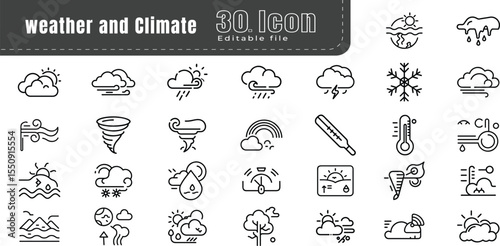  Weather rounded line icon set. climate clouds sun temperature. The set contains icons: Sun, Moon, Cloud, Winter, Summer, Rain, Snow, Blizzard, Umbrella, Snowflake, Sunrise, Wind