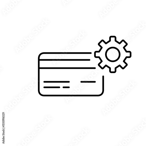 Credit card and cogwheel. Payment settings, wallet management, card configuration, financial control, secure transaction setup. Pixel perfect, editable stroke vector icon