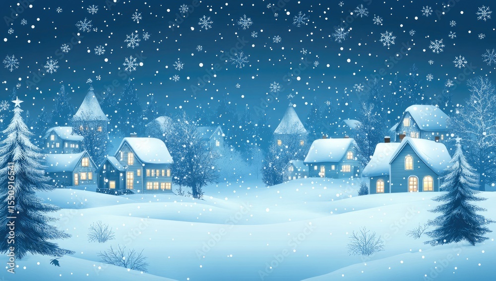 Fototapeta premium A serene winter village scene under a starry night