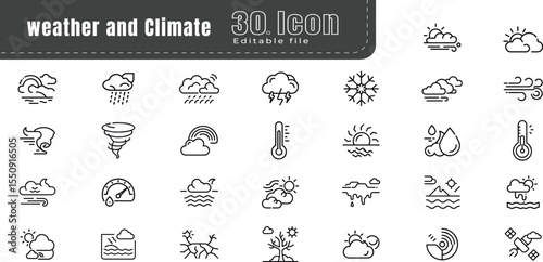  Weather rounded line icon set. climate clouds sun temperature. The set contains icons: Sun, Moon, Cloud, Winter, Summer, Rain, Snow, Blizzard, Umbrella, Snowflake, Sunrise, Wind